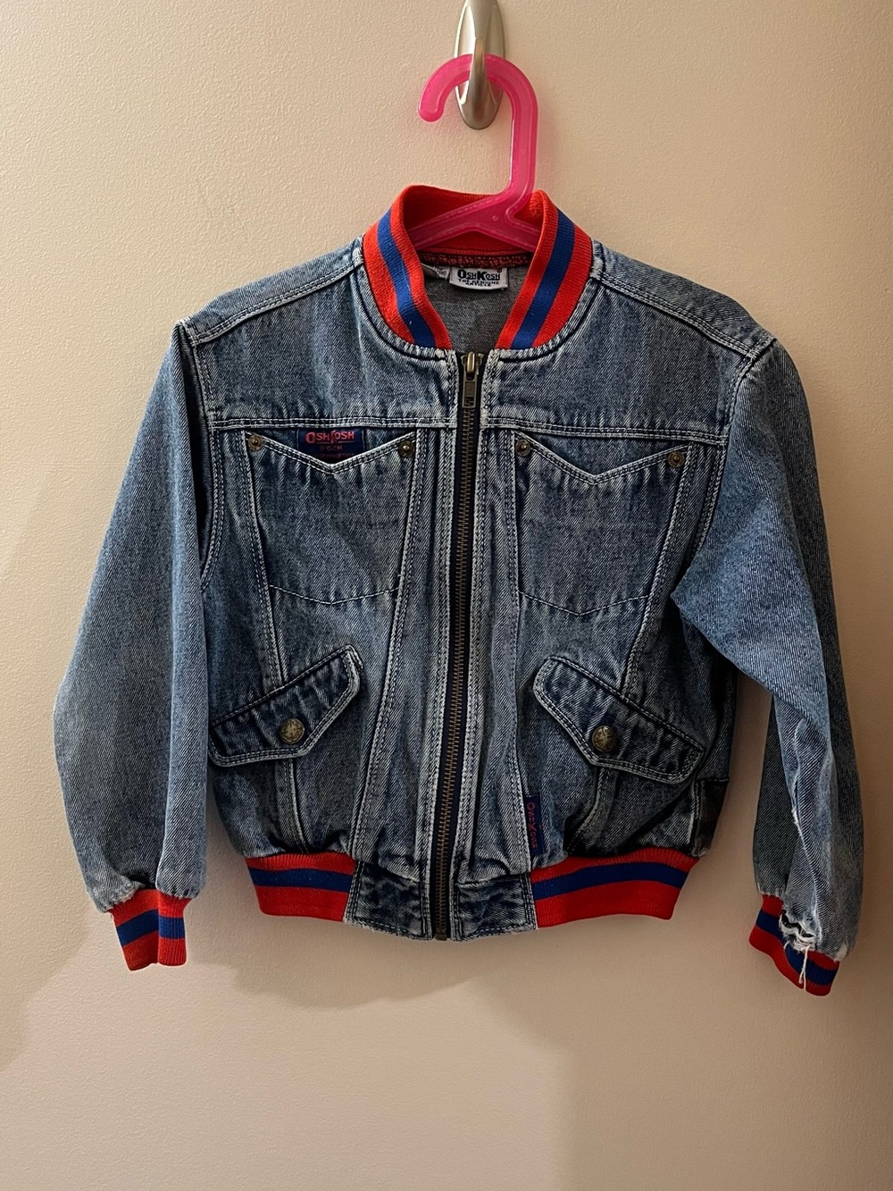 Vtg OshKosh B'gosh Kids' Blue Denim Bomber Jacket with Red Trim and helicopter